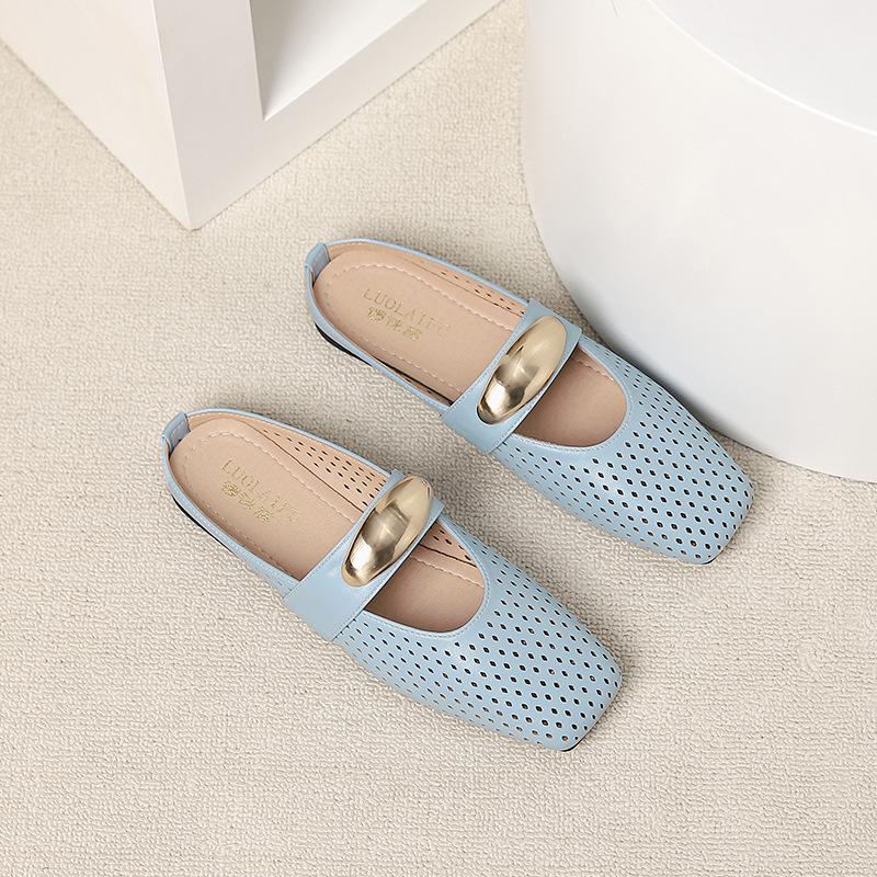 Fashion Spring New Flat Shoes 2025 Round Head Shallow Mouth Breathable Metal Buckle Soft Sole Non-slip Single Shoes Women's Hollow Mules
