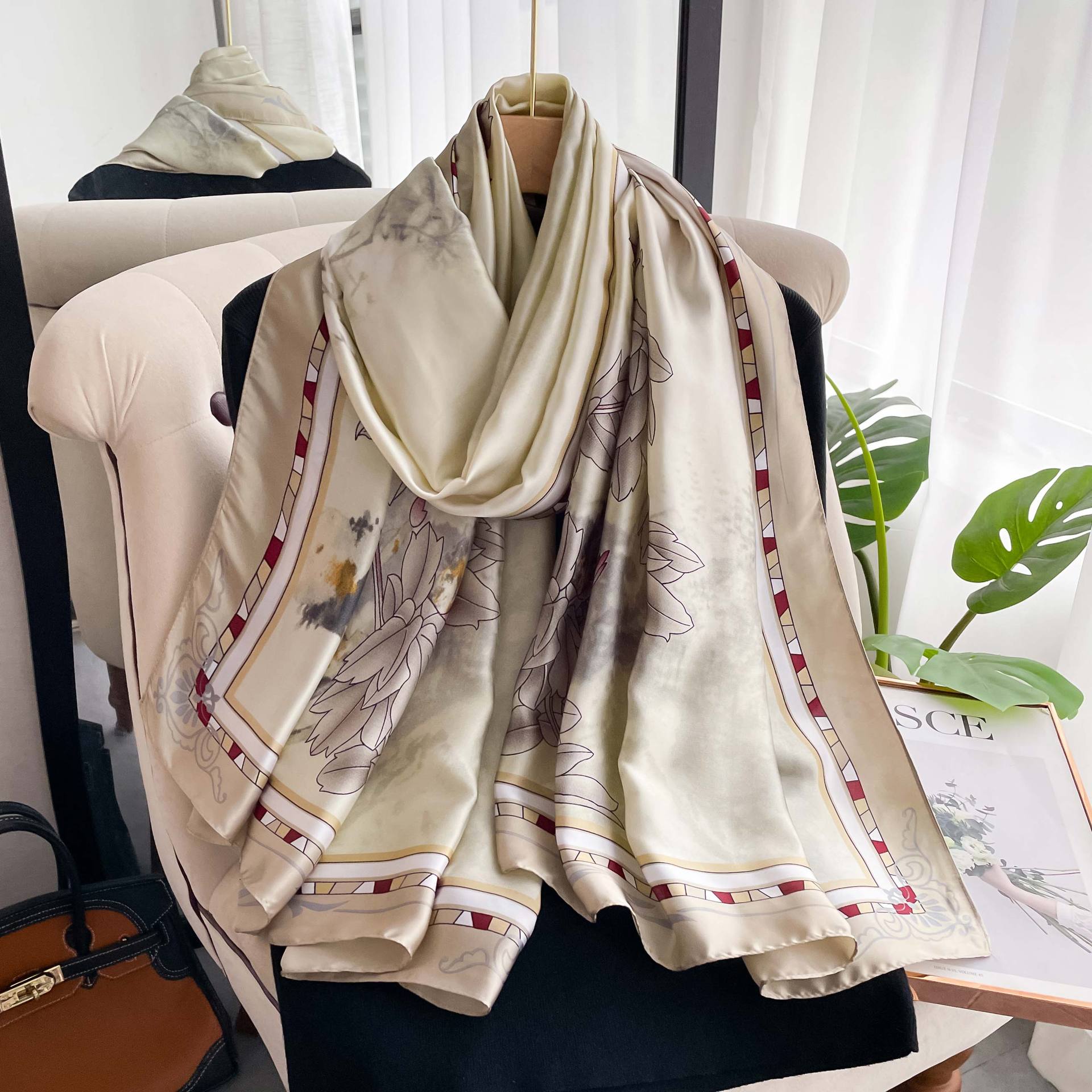 

Высококачественные роскошные шелковые шарфы, повязка на голову, шарфы, шейный шарф для женщин, шелковый шарф с цепочкой, женская декоративная шаль 180*90cm хаки