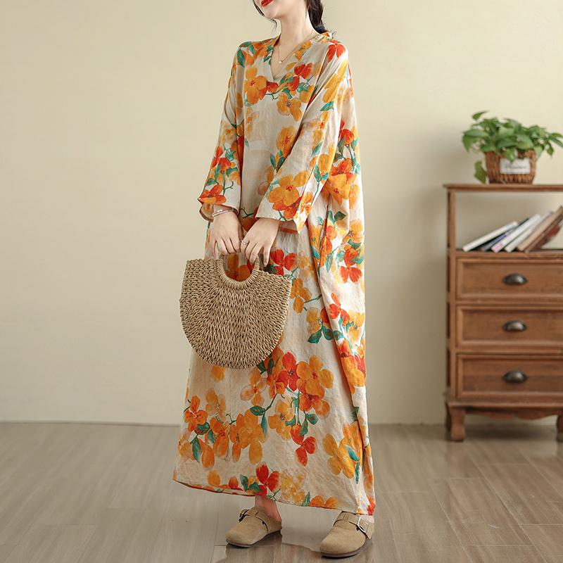 DIMANAF 2025 Women Plus Size Spring Long Dress Loose V-Neck Printing Vintage Casual Floral Oversize Long Sleeve 5050