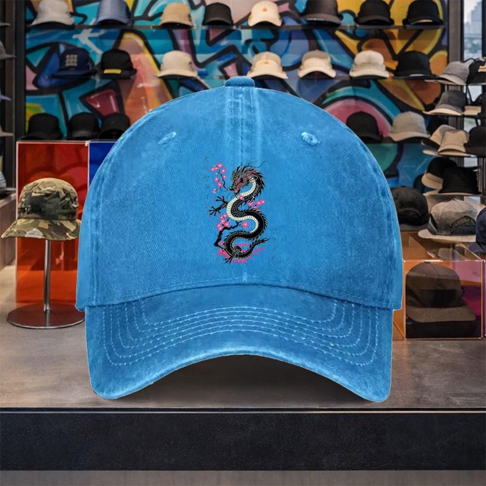 Dragon Cherry Blossom Baseball Cap Washed Denim Adjustable Casual Curved Brim Hat Unisex Street Style