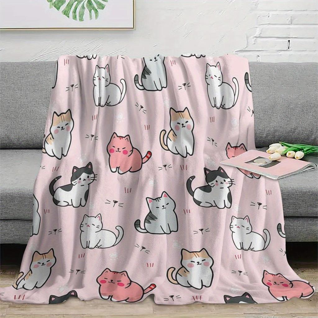 Cute Cartoon Cat Flannel Throw Blanket Pink Background Kitten Doodle Animal Print Soft Bed Sofa Blanket