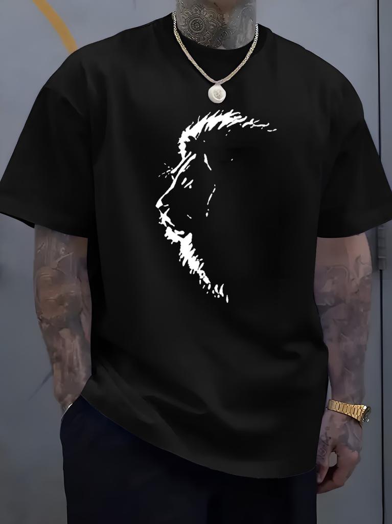 Male Black Round Neck T Shirt Distressed White Sketch Beard Unisex Profile Simple Monochrome Portrait Daily Soft Cotton Tees