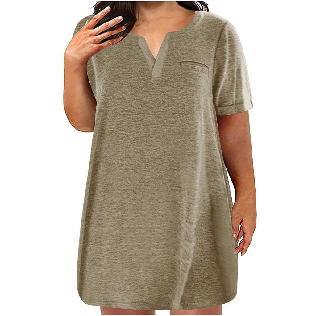 Dámské šaty velké velikosti s výstřihem do V, krátkým rukávem, letní ležérní jednobarevná tunika s kapsou