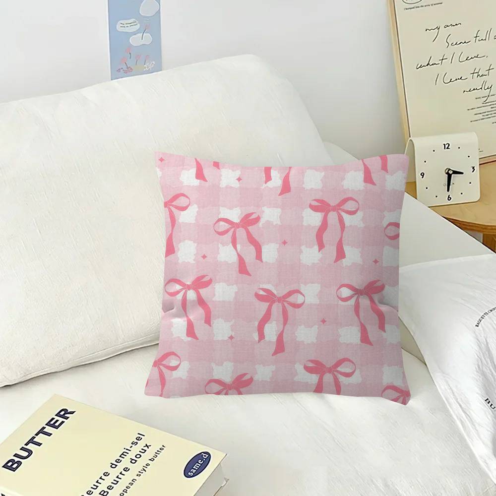 Art Pink Bow Cherry Lovely Kawaii  Cushion Cover  Polyester Sofa Cushions Decorative Throw Pillows Home Decoration Pillowcover