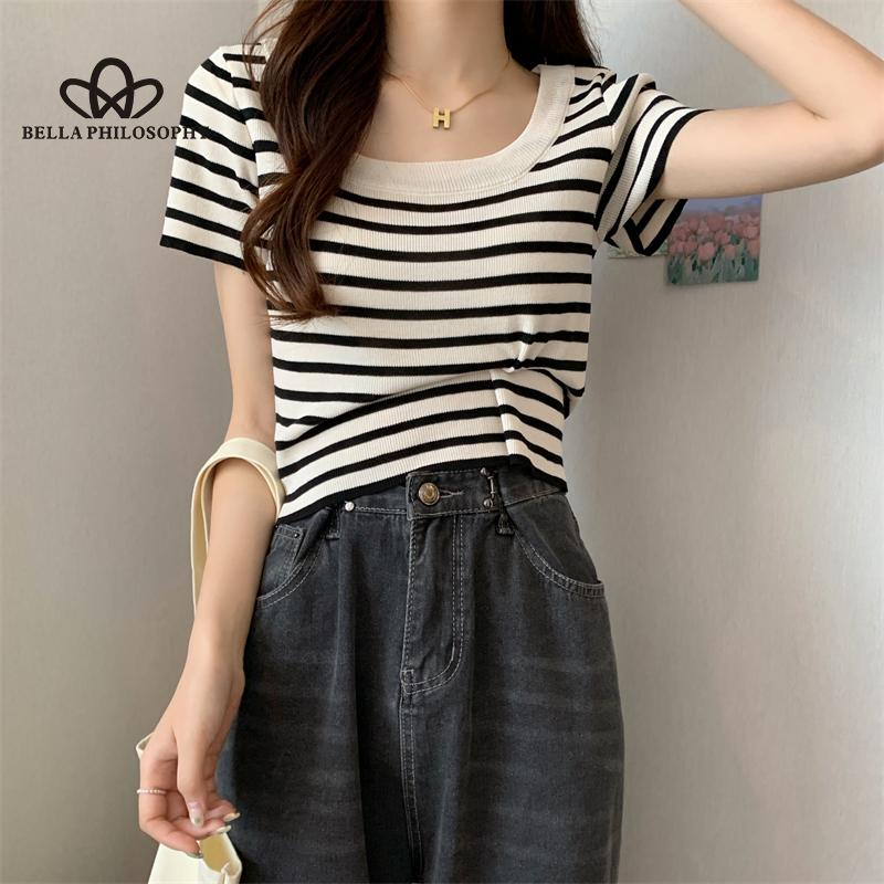 Summer New All-match Striped Square Collar Slim-fit Sweater Short-sleeved Women's Top Fashion Casual T-shirt