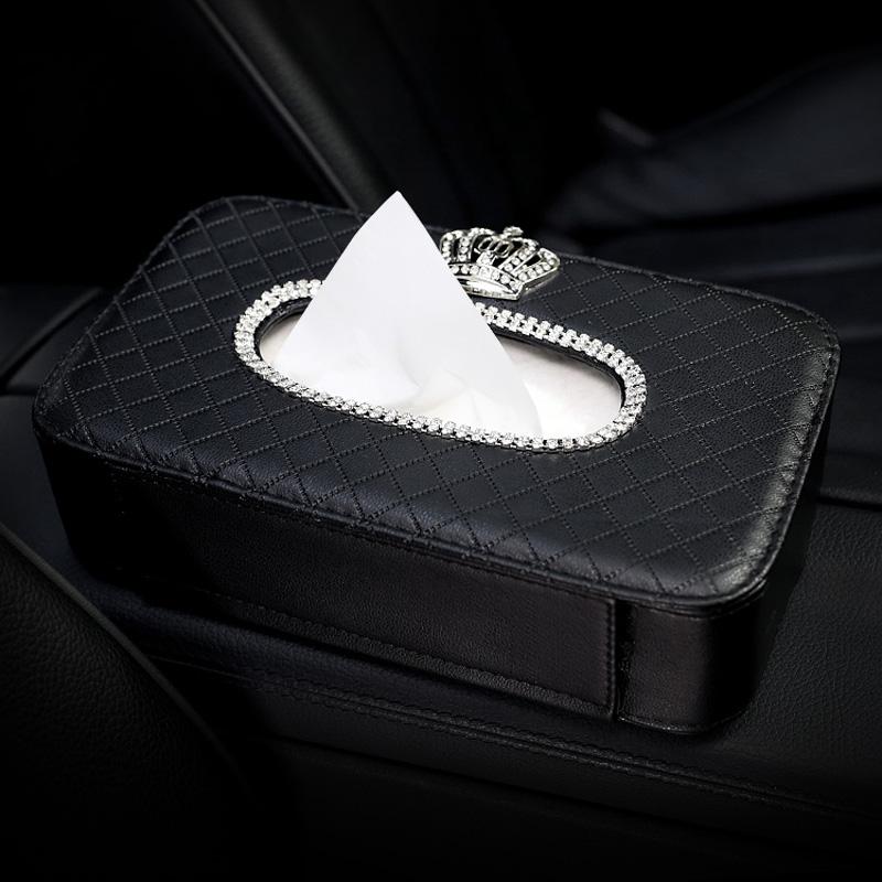 High Quality Leather Diamond Crown Car Tissue Box For Armrest Paper Holder Hanging for Auto Back Seat Headrest Organizer Storage