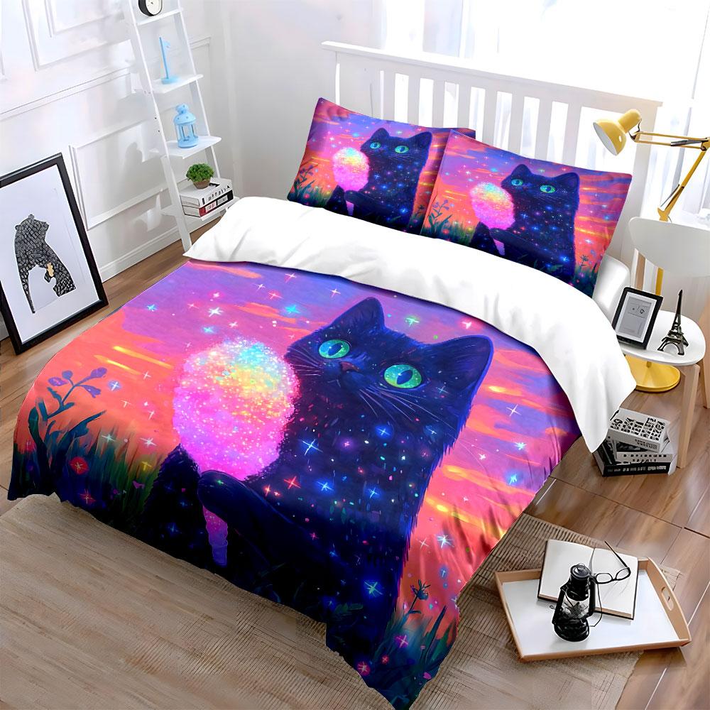 Fantasy Cat Art Decor Set Soft Comfortable Duvet Cover Bedding Set Included 1*Duvet Cover & 2*Pillowcases, Gift