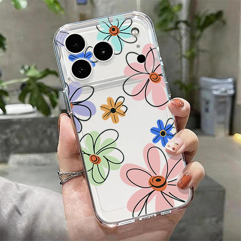 Silicone Clear Phone Case For iPhone 17 16 Pro 15 14 13 12 Pro Max 11 Transparent Shockproof Soft TPU Line Flower Printed Cover