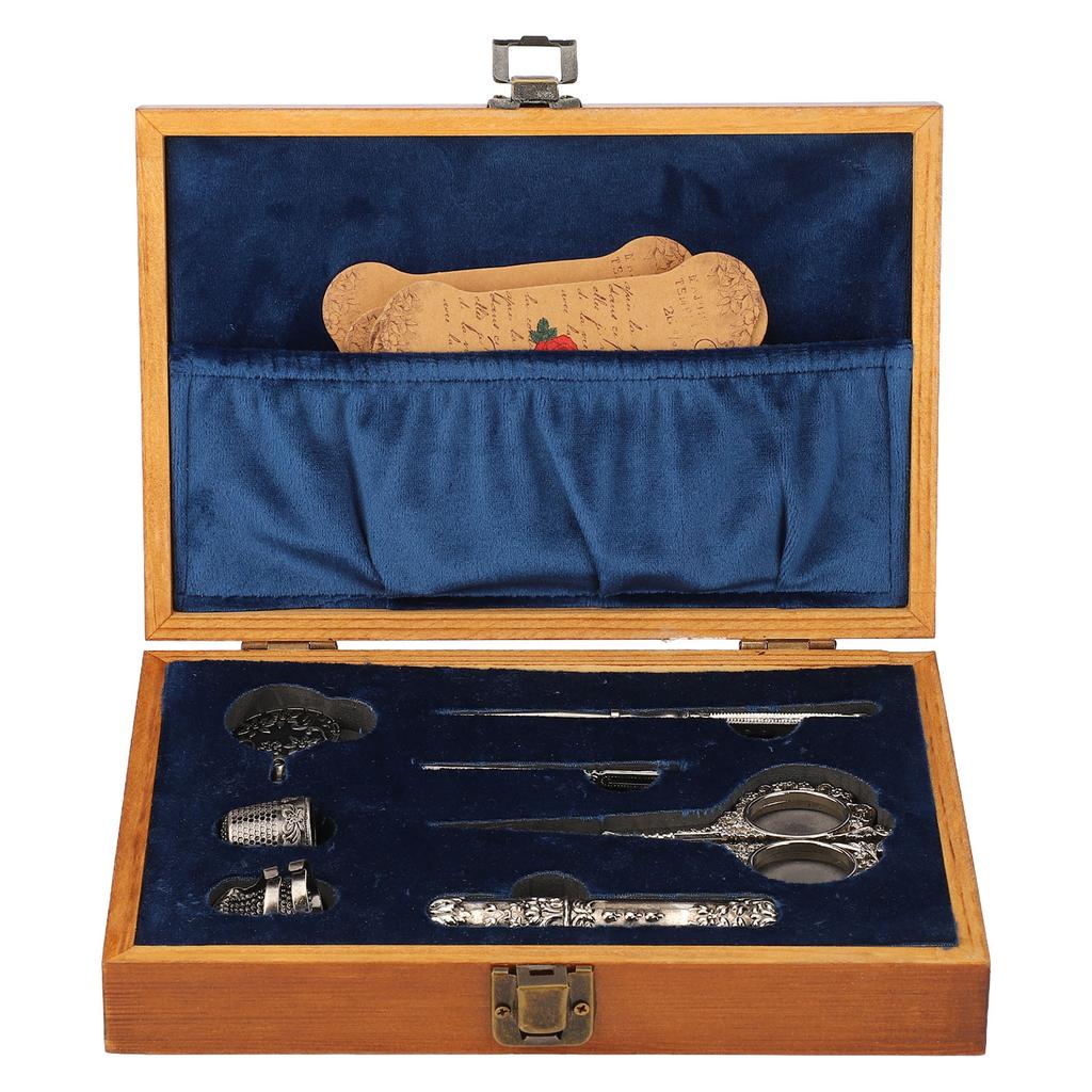 Vintage Embroidery Scissors Set Wooden Stainless Steel Sewing Box Scissors Kit Multifunctional Sewing Embroidery Tools