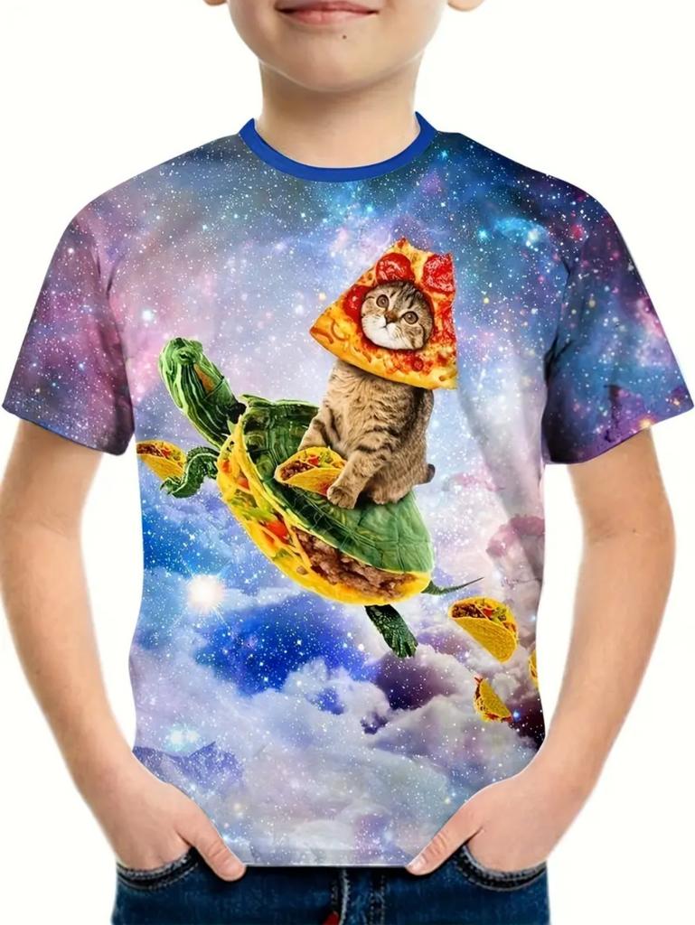 Boy's T-Shirt Cute Cat Taco Pizza Pattern 2025 Summer Short Sleeve Tops Colorful 3D Print Boys Clothes Loose Children's Clothing