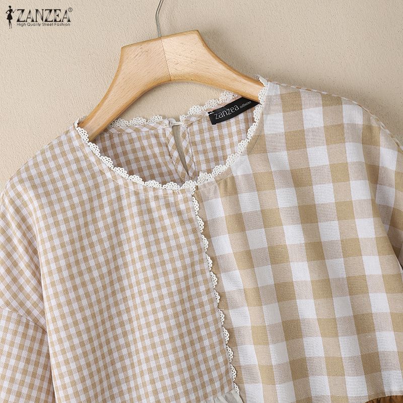 ZANZEA Damen Lässig Rundhals Kurzarm Locker Karierte Bluse