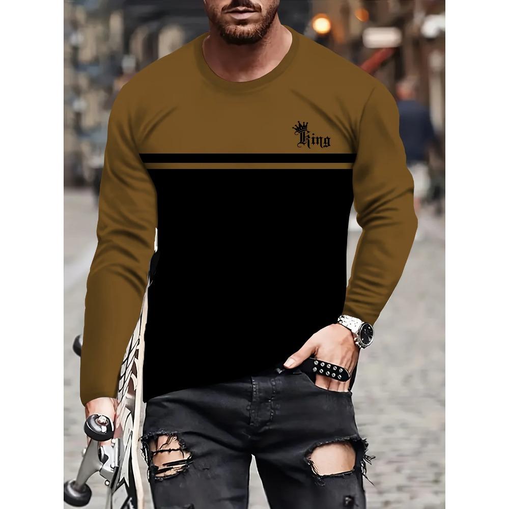 Striped Printed 3D Digital Printed Men's Fashion Trend Round Neck Long Sleeved T-shirt