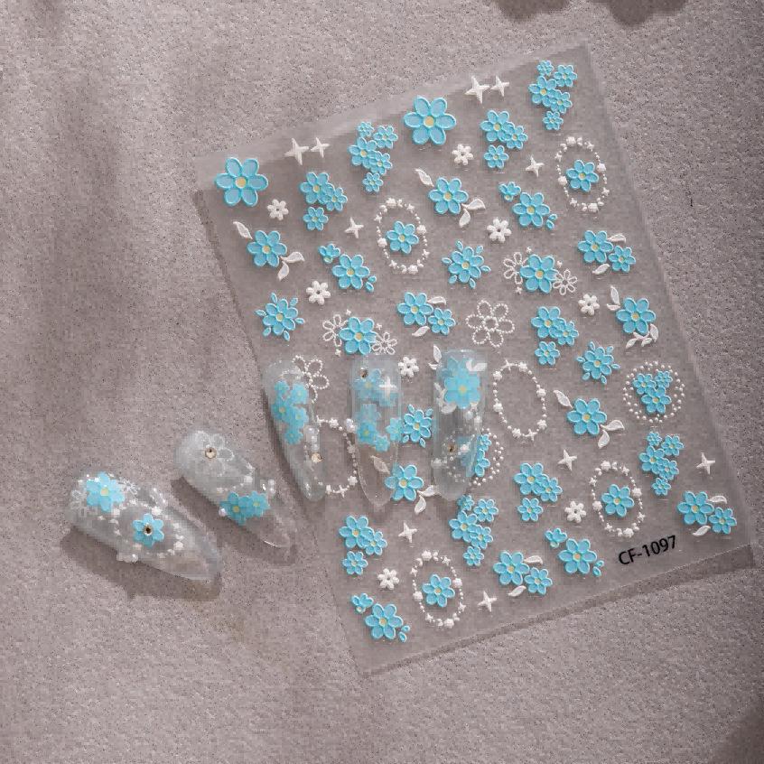 Cyansea Light Blue Floral Nail Art Stickers - Cute Leaf & Blooming Flowers Design with Back Adhesive