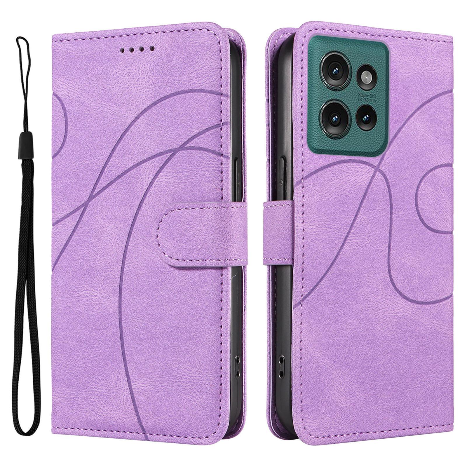 

For Motorola Edge 50 5G Case Stand Wallet Leather Phone Cover Curved Line Wrist Strap Purple