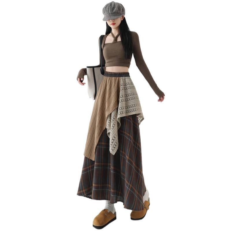 Women's High-Waisted Retro Plaid Lace Patchwork A-Line Skirt with Irregular Hem