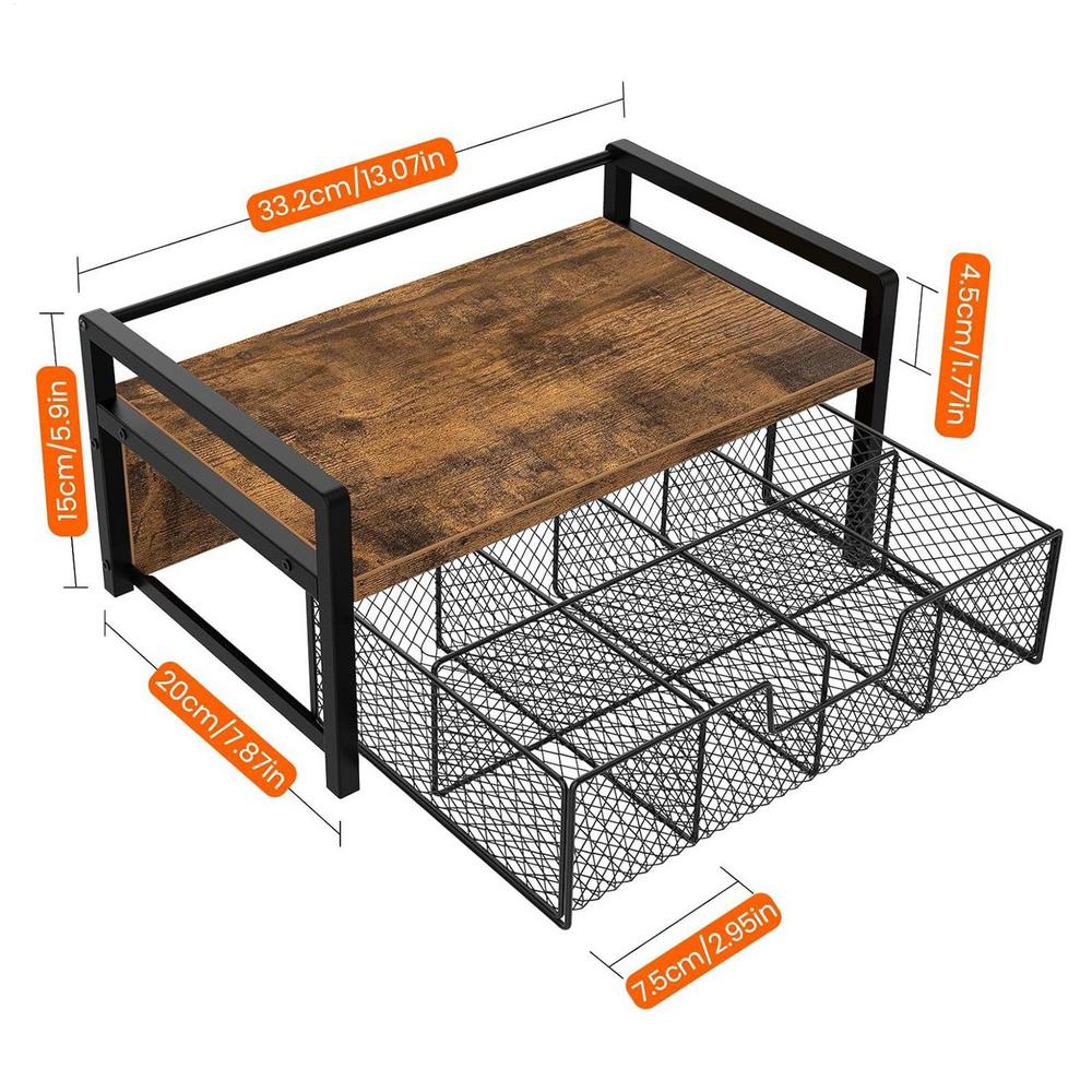 

Vintage Wood Grain Double-layer Desktop Storage Rack, Wrought Iron Mesh Multi-compartment Storage Basket, Coffee/Tea Bag Holder