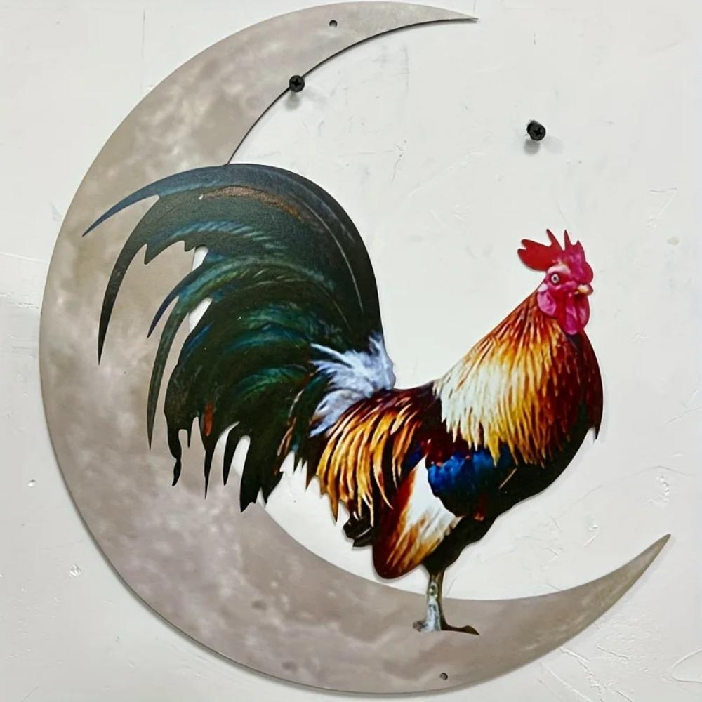 Home Decoration Wrought Iron Crafts - Outdoor Garden Courtyard Moon and Rooster Metal Ornaments | Pendant and Wall Hanging Decor