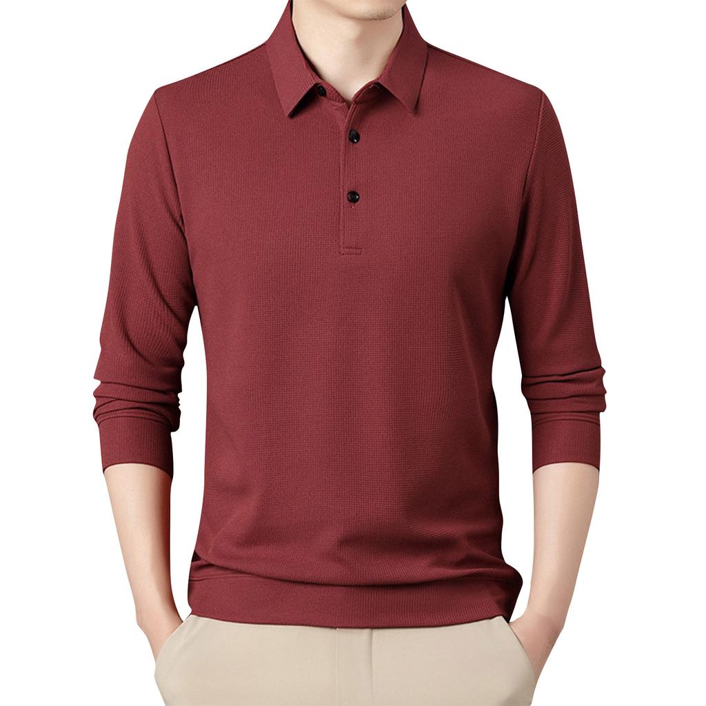Men's Solid Color Lapel Business Casual Long Sleeved T-shirt Versatile Top