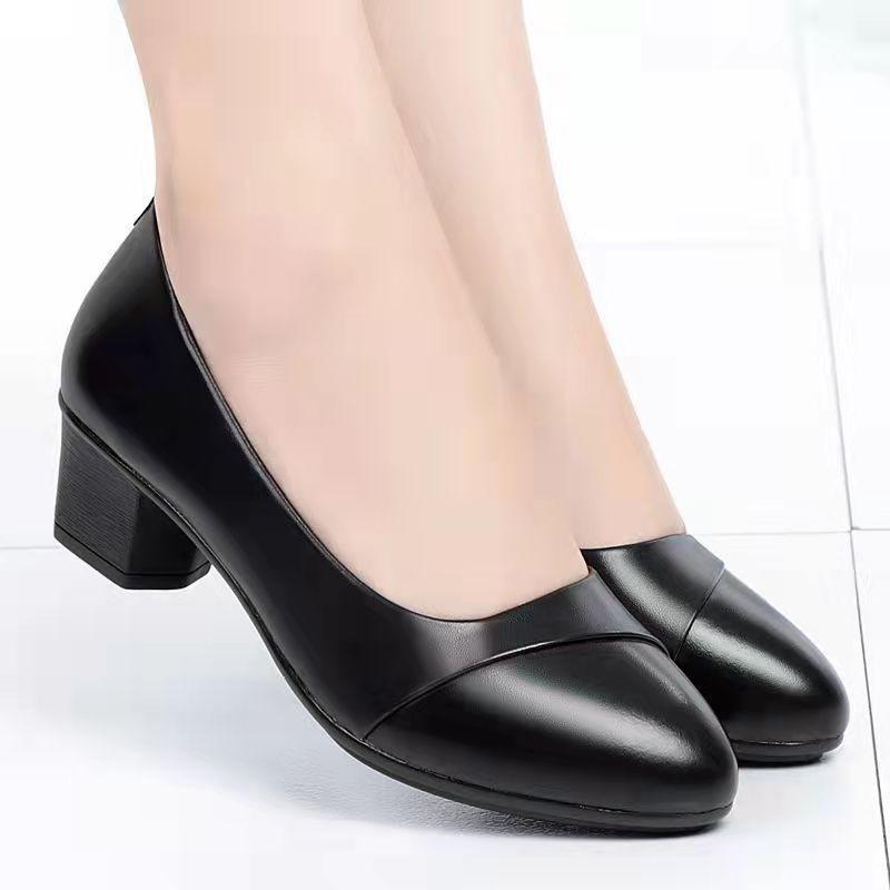 Soft Leather Single Shoes Women's Low-heeled Spring and Summer Soft-soled Comfortable Non-slip Fashion Leather Shoes Women's Shoes Mid-heel Work Shoes
