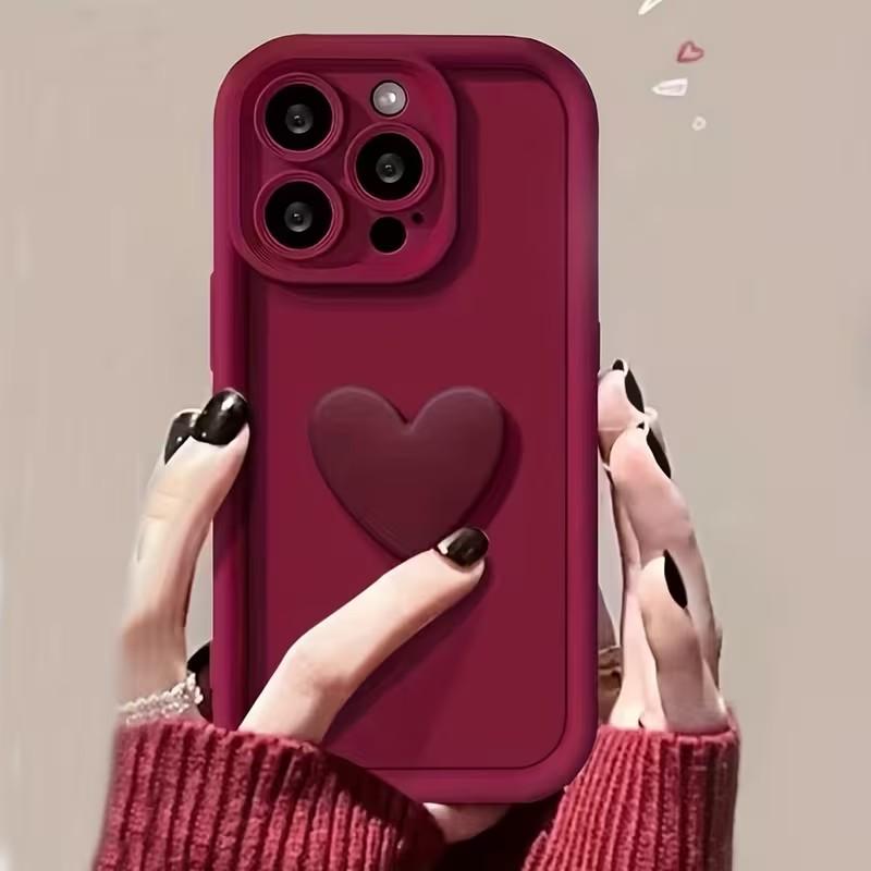 Wine Red 3D Heart Phone Case for iPhone 17 Pro Max Air 16E 11 12 13 Mini 14 15 16 Pro Max XS XR 7 8 Plus SE2 Soft Silicone Cover