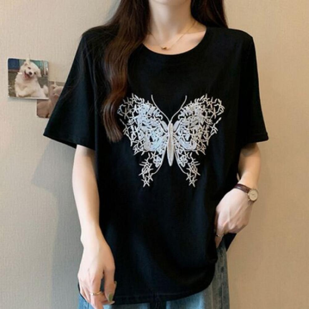 Navava Women S BuTTerfly Embroidery ShorT Sleeve Round Neck T ShirT nT1767