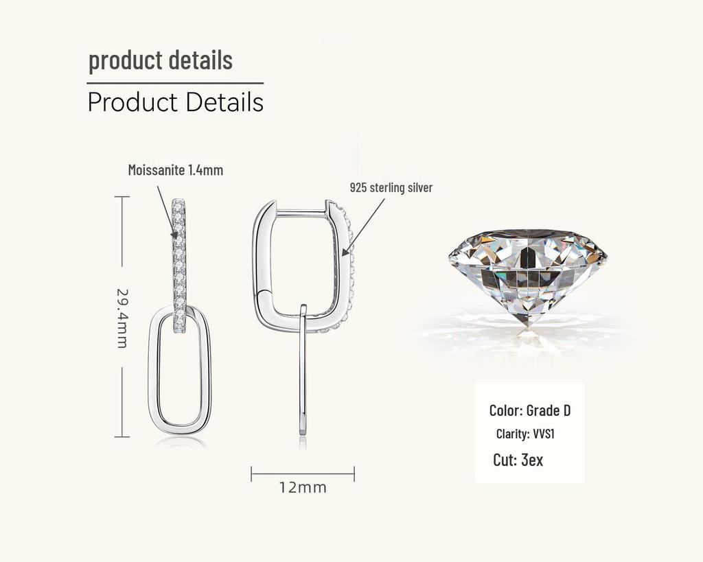 Elegant Moissanite Paperclip Dangle Earrings - Women's Silver Jewelry with Chic, Modern Design