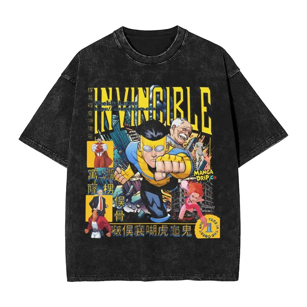 Hot Sale Anime Crazy Invincible Graphic Print Tshirt Vintage Washed Harajuku Y2k Fashion Summer Tee Hip Hop Streetwear Tshirt