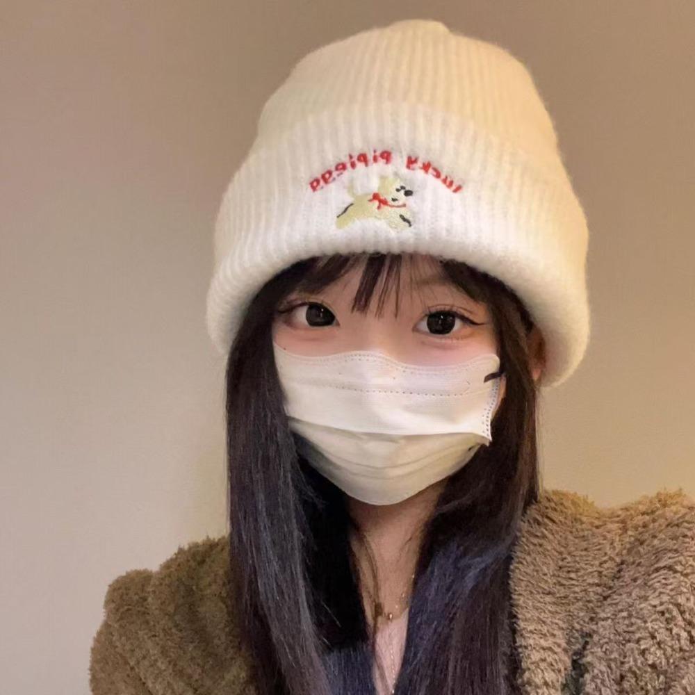 Puppy Embroidery Winter Knitted Hat Winter Warm Crochet Bonnet Hat Cute Beanie Cap