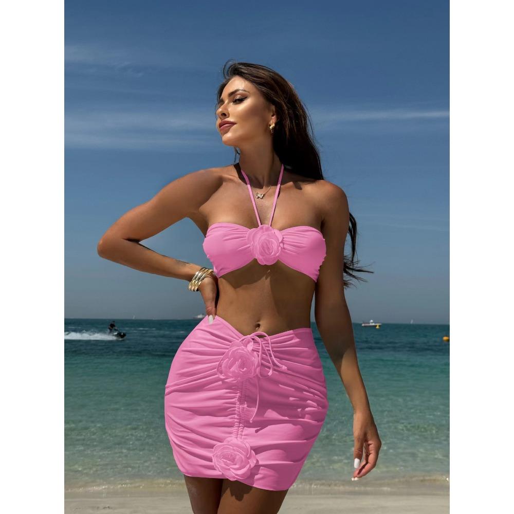 

Европейский и американский сексуальный бикини розовый подтяжки однотонный купальник из трех частей L розовый