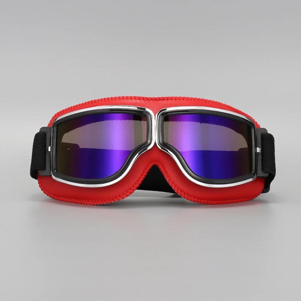 Vintage Pilot Motorcycle Goggles UV400 Windproof Scratch Resistant PC Lens with Leather Trim for Open Face Helmet