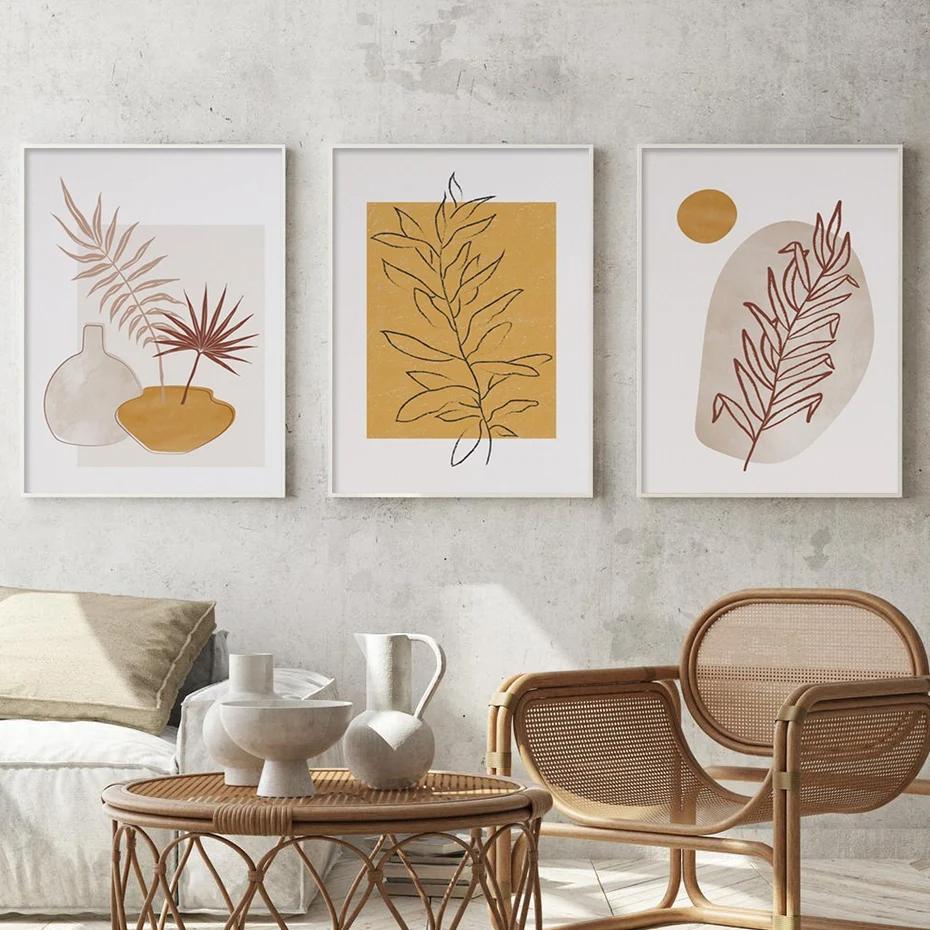 Boho Abstract Yellow Leaf Foliage Poster, Minimalist Wall Art, Print Picture, Botanical Canvas Painting, Living Room, Home Decor