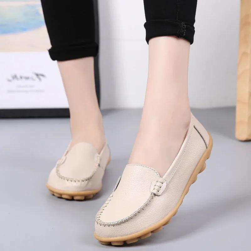 Genuine Leather Shoes Woman Soft Boat Shoes for Women Flats Shoes Big Size Ladies Loafers Non-Slip Sturdy Sole
