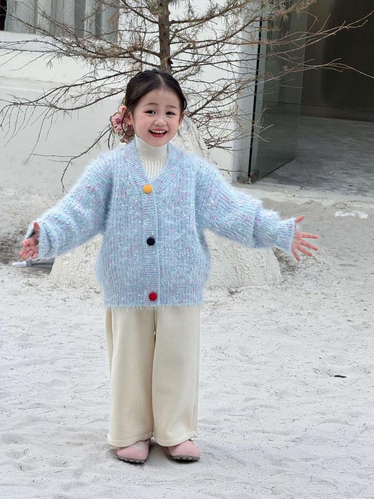 2025 Winter Korean Style Girls' Fleece-Lined Cardigan - Colorful Woolen Sweater