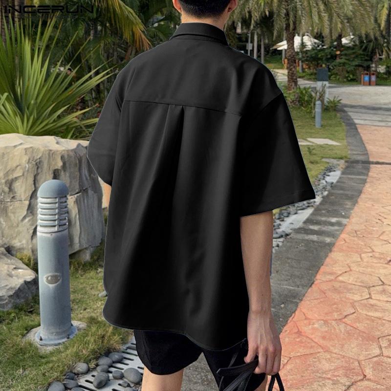 INCERUN Summer Men Lapel Tie Up Short Sleeve Buttons High Low Casual Shirts