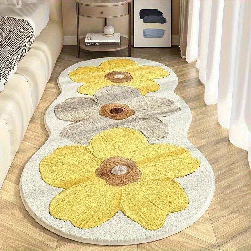 High Pile Polyester Area Rug Washable Carpet with Striped Flower Pattern, Machine Made Irregular Shape Rug for Bedroom, Living Room, and Indoor Spaces