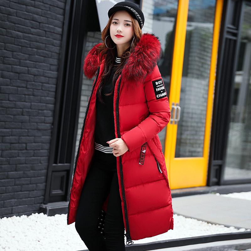 Hooded Long Women's Cotton Coat with Fur Collar for Fall/Winter