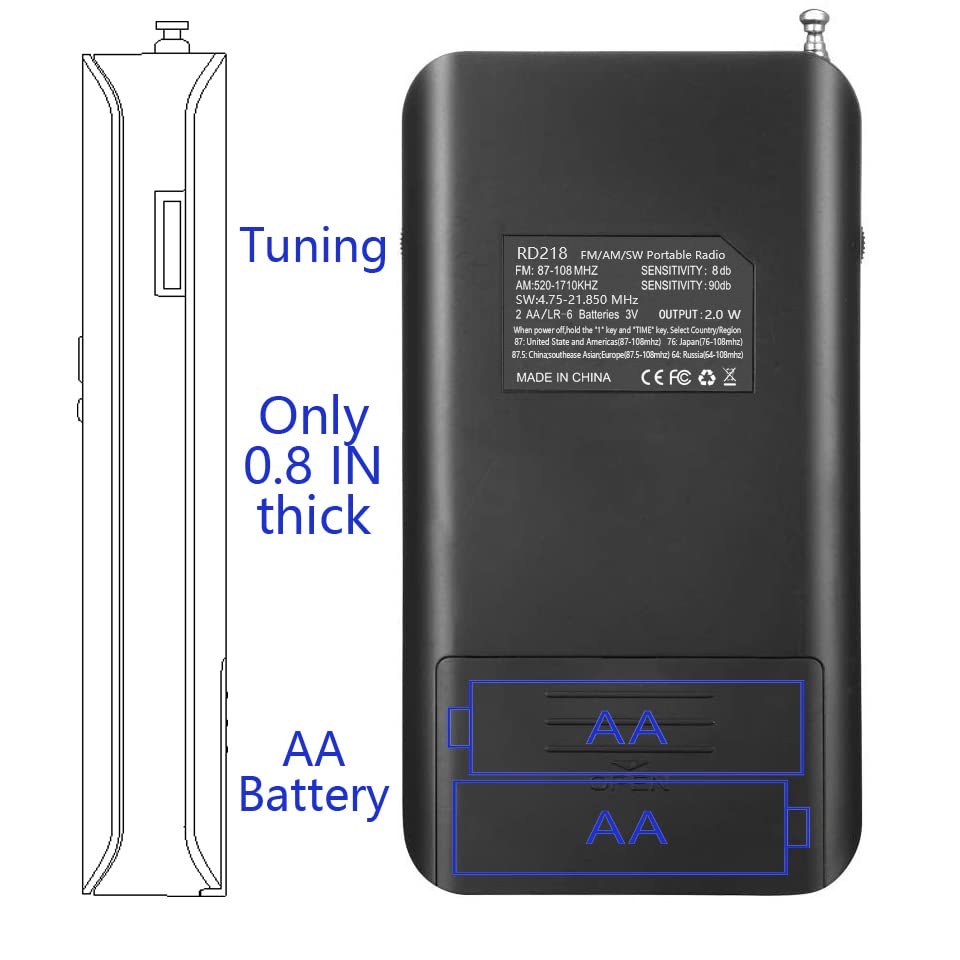Compact portable radio for FMAMSW, uses two AA batteries, features backlit buttons for nighttime use, digital clock, alarm clock, and sleep timer
