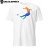 Abstraktes buntes Silhouette Fußballspieler Schneller Schuss auf einen Ball Design T-Shirt Herren Damen T-Shirts Top