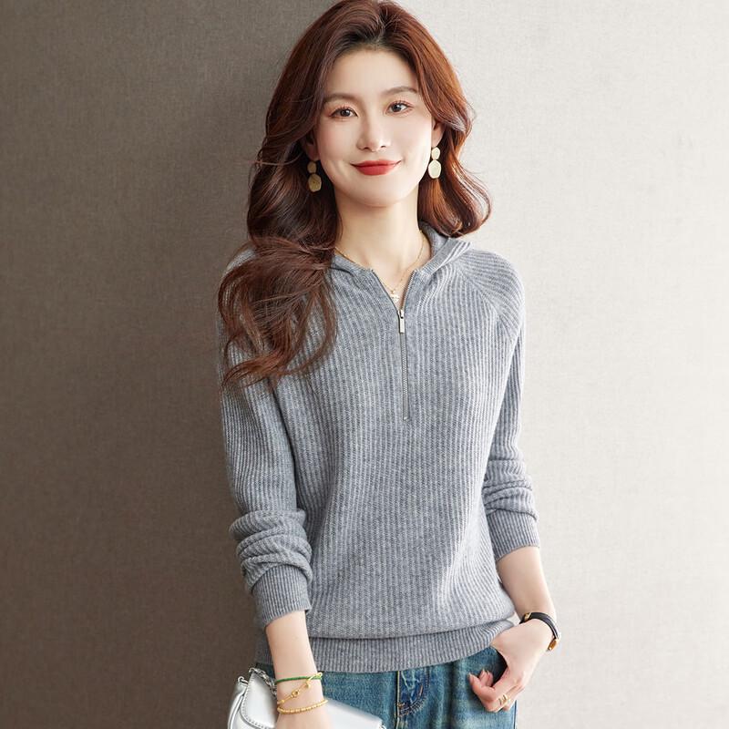 SNOWFLYING Women's 100% Merino Wool Ribbed Half-Zip Hooded Sweater