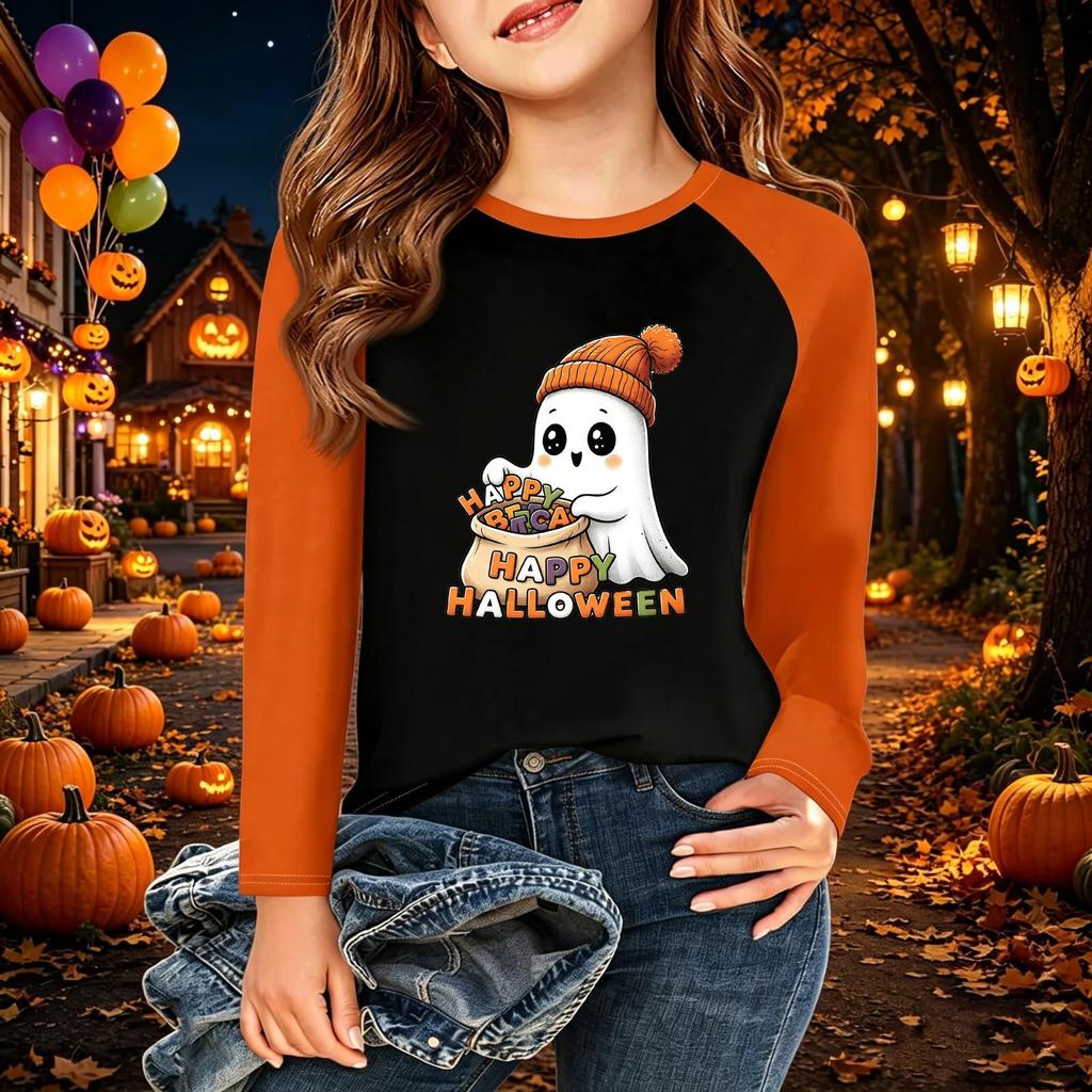 Kids' Halloween Printed Long Sleeve Neck T-Shirt for Casual Wear