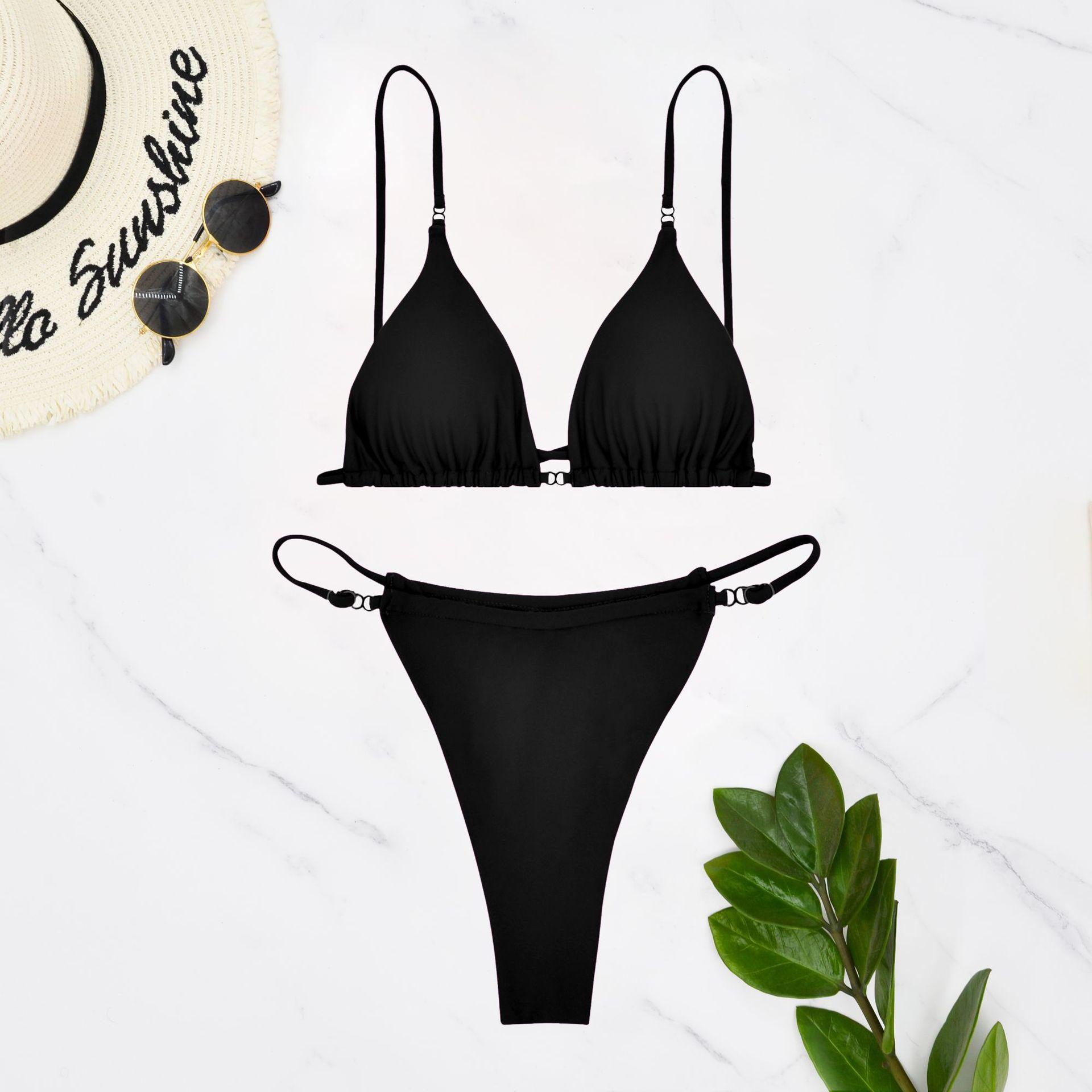 

Новый раздельный купальник женский нейлоновый однотонный сексуальный бикини со сборками XL чёрный