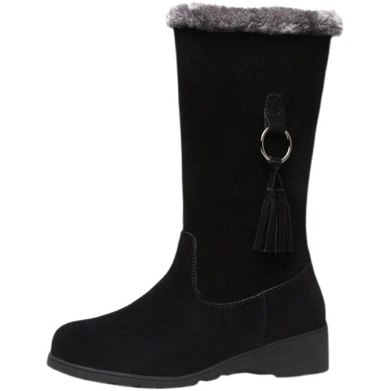 

Winter Women s Suede Leather Mid-calf Boots Classics Fringe Waterproof Side Zipper Long Boots Outdoor Plush Lined Snow Shoes 41