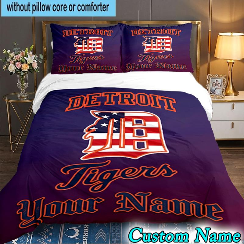 Custom Name 3PCS Detroit Tigers Emblem Bedding Set,Including Duvet Cover And 2pcs Pillowcases Perfect for Bedroom,Dormitory,Fan Christmas Gift