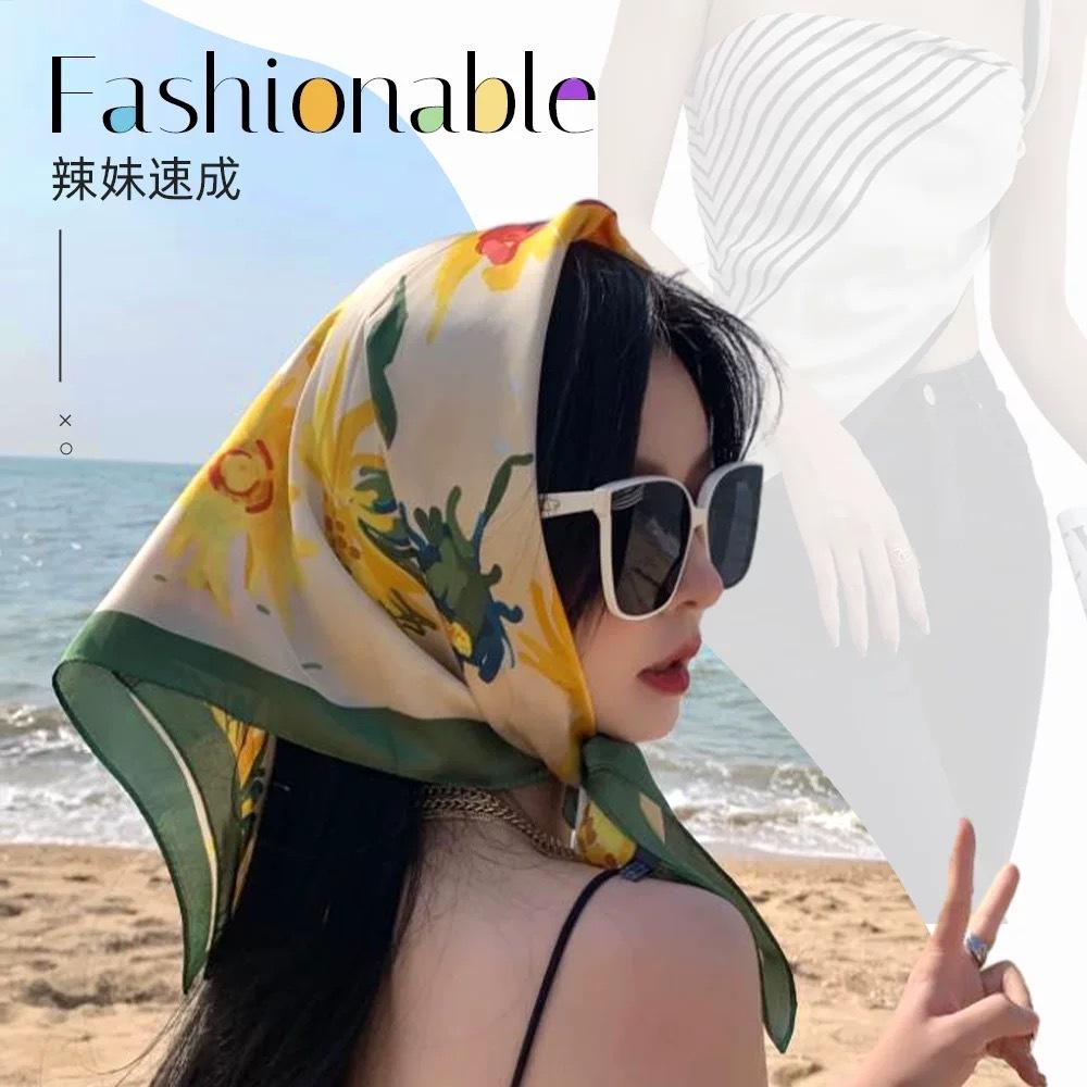 Small square scarf female French ethnic style retro versatile summer sunscreen silk scarf ins seaside beach sunshade shawl headscarf