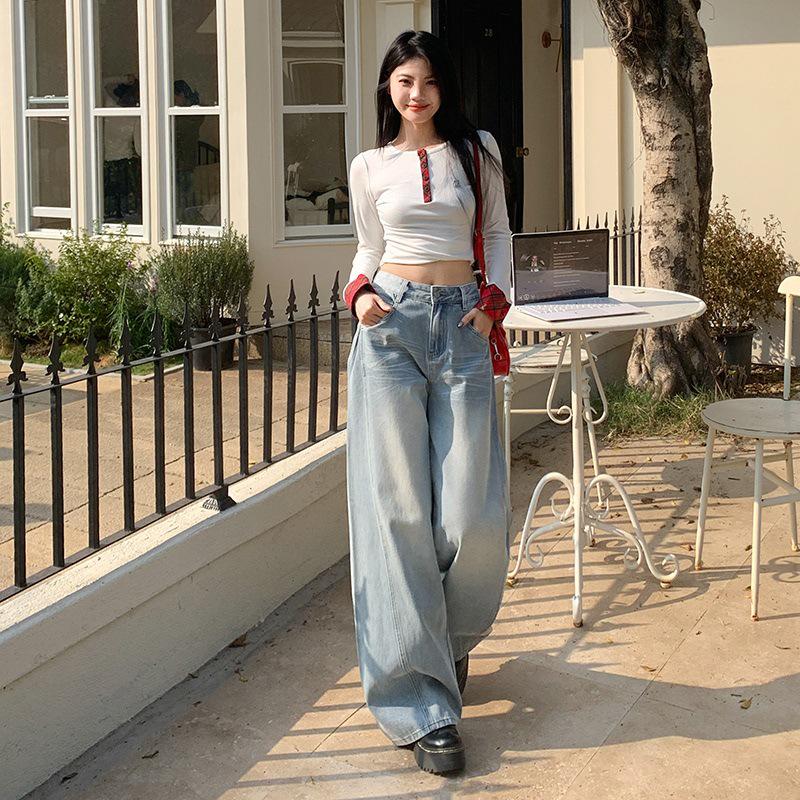 Versatile Retro High-Waisted Patchwork Wide-Leg Jeans for Women - Three Color Options, Loose Casual Straight Floor-Length Design.