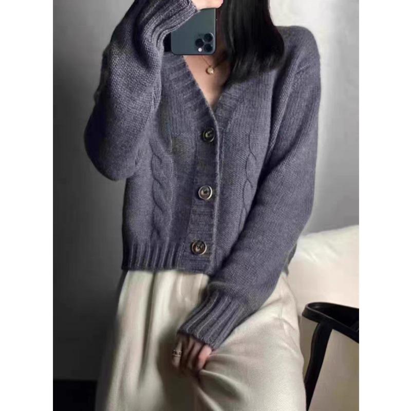 Autumn and Winter V-neck New Cardigan Women Short Sweater Thickened Solid Color Twisted Outside Coats Loose Casual Simple Clothing