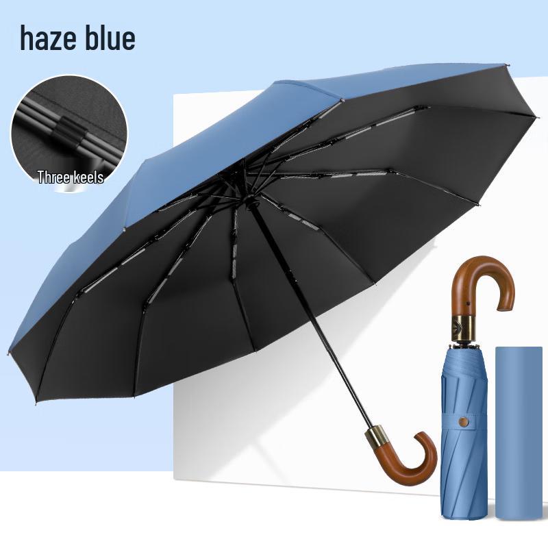 Sanhe 10-Rib Automatic Folding Umbrella with Wooden Curved Handle