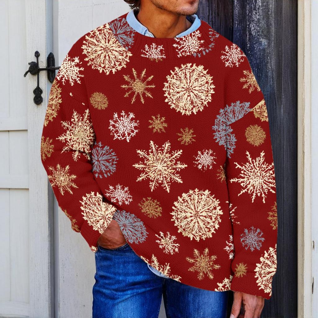 Men's Neck Knit Sweater with Christmas Print for Fall Winter Holiday