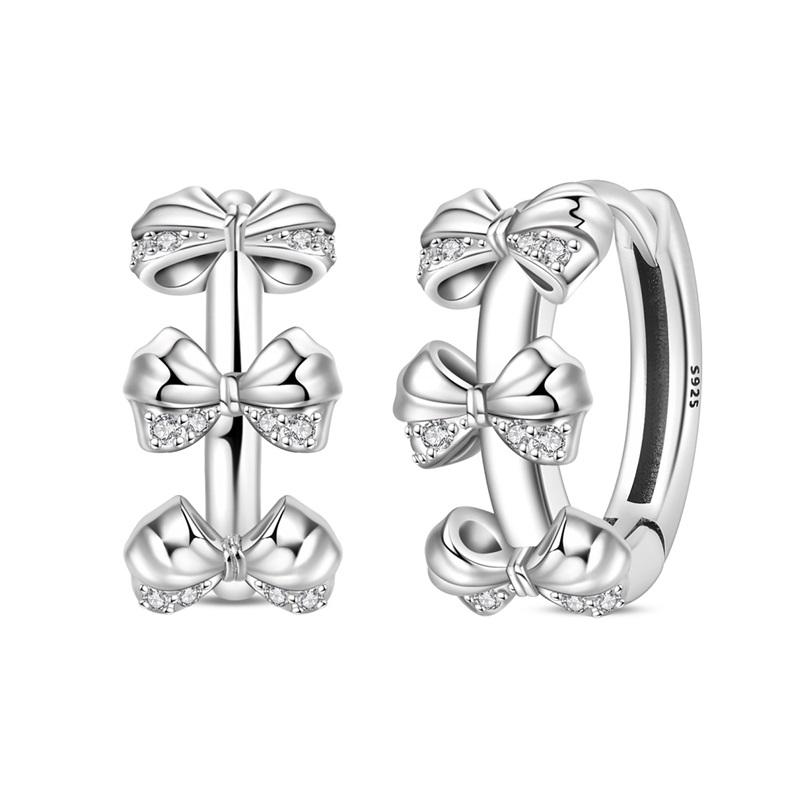 New Copper Sparkling Pink Bow Stud Earrings & Pavé Dangle Hoop Earrings For Girl Sweet Romantic Jewelry Gift