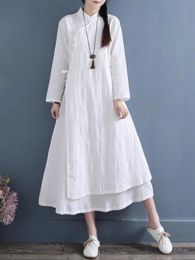 Robe Printemps Femme Vestidos Robe Elbise Lâche Grande Taille Coton Lin Double Couche Longue Robe